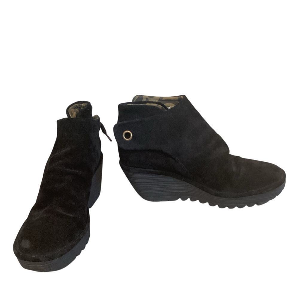 FLY London Suede Ruched Ankleโ Boots US 10 Black Tie Detail Comfort READ Grunge